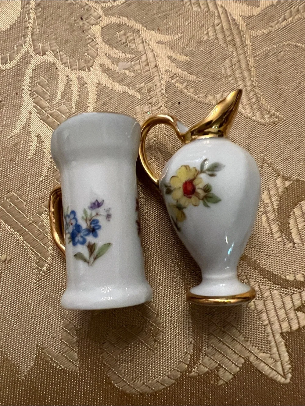 Limoges White Porcelain Mini Pitcher and Vase with Gold Trim and Pink Accents